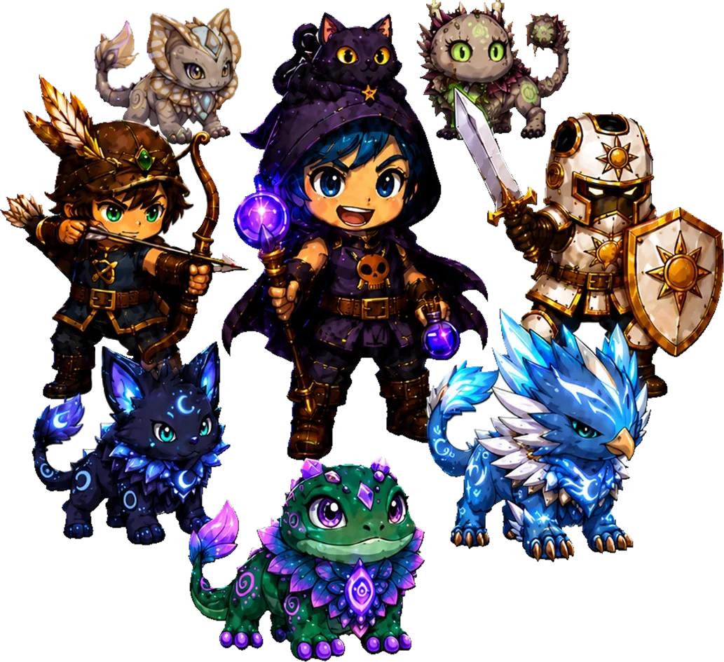 Um arqueiro, uma maga e um cavaleiro ao lado de quatro pets